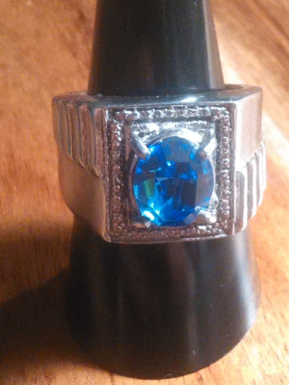 Men's Faceted Blue Stone Stainless Steel Ring (Size 9)